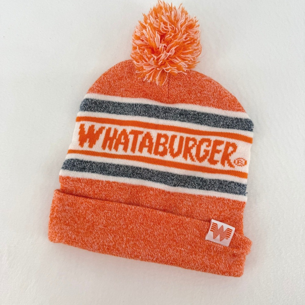 Whataburger Beanie Hat Unisex One Size‎ Orange Pom Pom Knit Cuffed Winter Cap